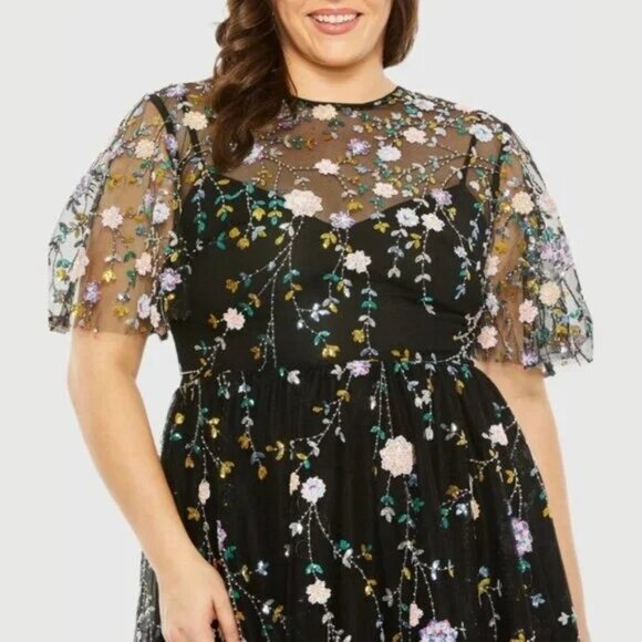 Mac Duggal 68638 Black Midi Dress  Colorful Sequin Floral Embroidered 18W Plus - Picture 2 of 9